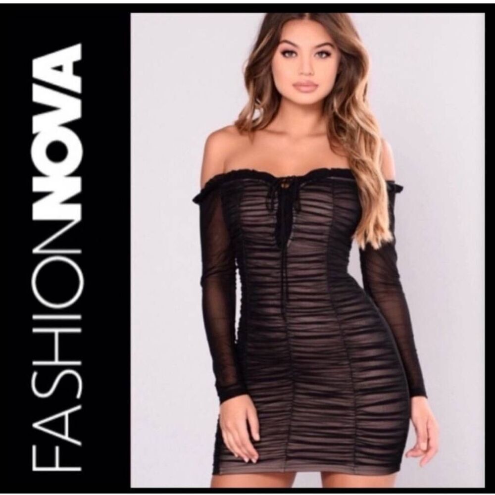 Maura Black Mesh Off the Shoulder Mini Dress, Nude Lined Dress, Shr Slv NWOT, S